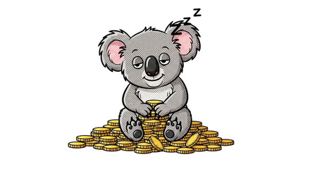 Sleeping Koala Bear Sitting on Pile of Gold Coins © Muhammad