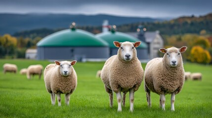 Obraz premium Sheep grazing in green field with biogas plant in background