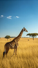 Obraz premium Giraffe in golden grass field under blue sky savanna