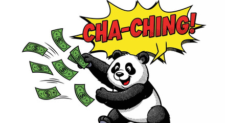Happy Panda Throwing Money, Cha-Ching! Comic Style Illustration