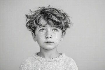 young boy exhibits panic in his eyes with tears streaming down his cheeks against clean solid background