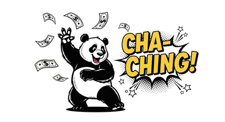 Happy Panda Throwing Money Cartoon Illustration