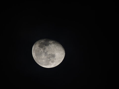 Detailed view of the waxing gibbous Moon against a black sky, showing craters and maria. A sharp, high-contrast astronomical capture.