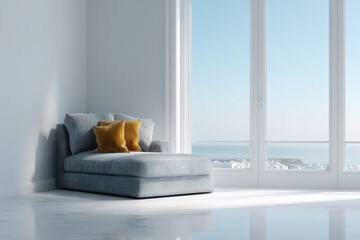 photorealistic ultraminimalist interior featuring clean bright background with elegant single accent piece that