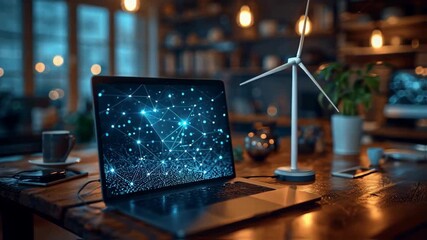 A modern workspace featuring a laptop displaying data visualization, a wind turbine model, and cozy lighting - Powered by Adobe