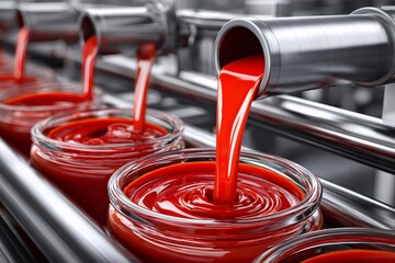 Industrial ink production line filling glass jars with red paint