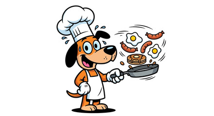 Cartoon Chef Dog Cooking Breakfast Pancakes, Eggs, and Sausages