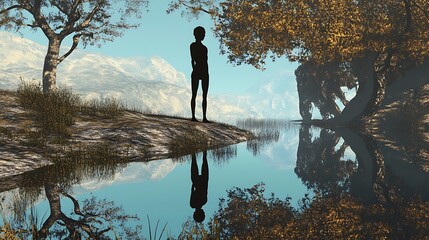 A figure standing at the edge of a mirror-like lake, with the reflection showing an alternate version of themselves .