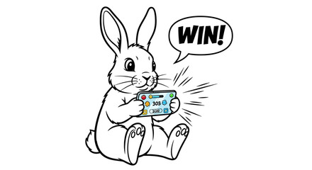 Cartoon Rabbit Celebrating Win While Playing Mobile Game