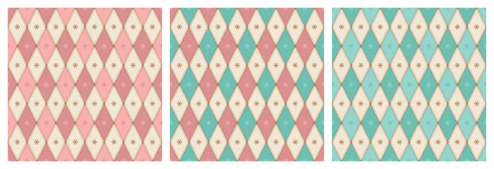 Vector Set of Pastel Christmas Argyle Seamless Patterns with Snowflakes. Turquoise, White, Pink, Golden Colors Geometric Diamond Holiday Backgrounds