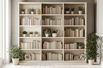 Stylish Nordic bookshelf with plants and functional organization.