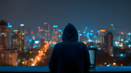 A hacker or scammer using laptop computer on night ctyscape background, phisin, online scam and cybercrie concept.