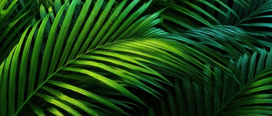 The Palm Leaves Creating a Lush Green Tropical Background with Dramatic Lighting
