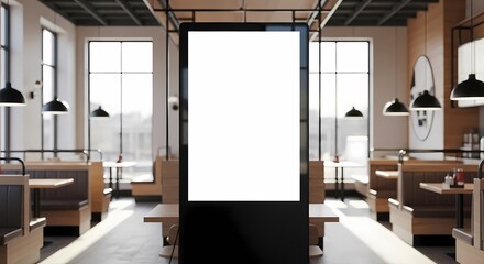 A blank vertical digital display mockup stands in the center of a modern, sunlit restaurant interior.