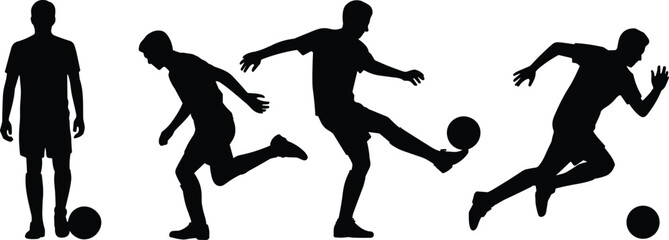 Silhouette illustration of soccer players in action with ball, running, kicking, dribbling, standing, isolated black vector sports design, football competition concept