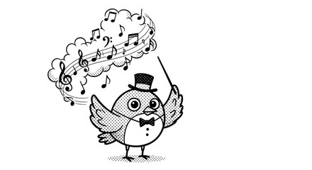 Cartoon Bird Conductor with Top Hat and Musical Notes