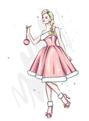 Beautiful girl in stylish clothes. Fashion and style. New Year and Christmas. Vector illustration.