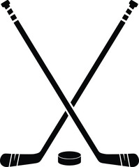 Silhouette illustration of two crossed hockey sticks with puck, isolated black vector sports equipment design, ice hockey symbol, athletic competition concept