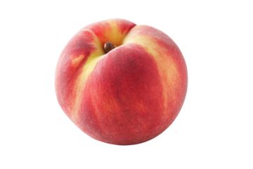Close-up of a ripe peach.  A single, round peach with a smooth skin, exhibiting a gradient of vibrant pinkish-red hues, interspersed with pale yellow stripes.