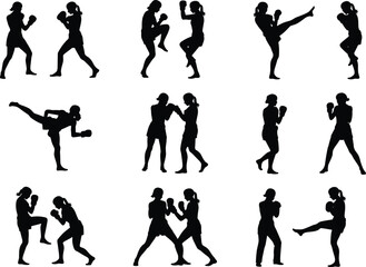 Silhouette illustration of women practicing kickboxing, martial arts training poses, sparring action, fitness exercise, boxing workout, combat sports activity vector design set