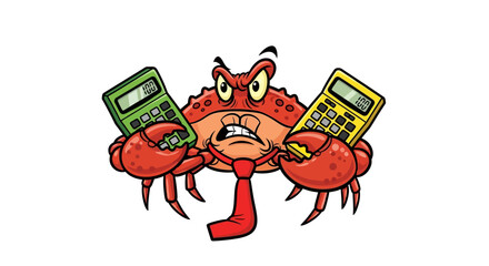 Cartoon Crab Accountant Holding Calculators with Angry Expression and Red Tie