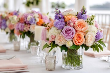 Colorful floral centerpiece decorating wedding reception table