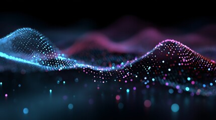 Dynamic glowing particles form abstract digital waves, representing futuristic data flow and technological innovation in a dark, vibrant setting.