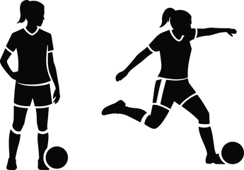 Silhouette vector illustration of female soccer players, standing and kicking ball poses, sports athlete icons for football training, competition, teamwork, fitness design elements