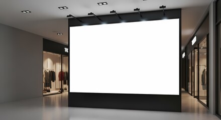 A prominent blank white advertisement screen mounted on a black frame within a contemporary shopping center, flanked by retail store displays.