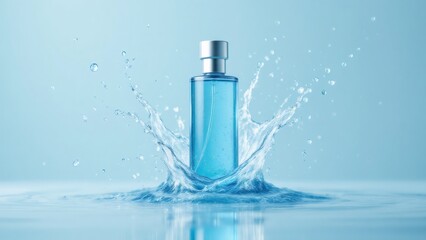 Blue perfume bottle surrounded by splashing water against light blue background