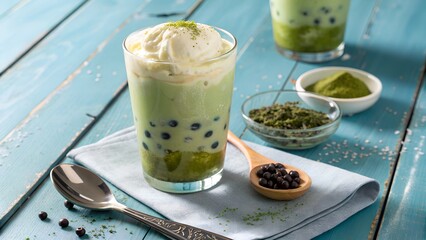 Refreshing iced matcha bubble tea with creamy topping