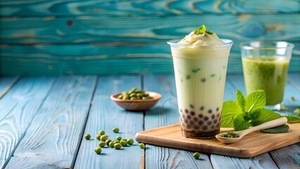 Refreshing green tea boba drink with mint and tapioca pearls