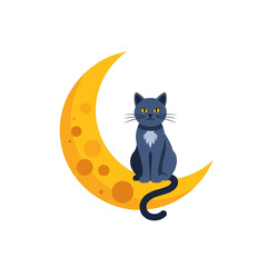 Mysterious black cat perched on a bright crescent moon, perfect for Halloween themes