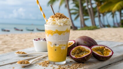 Tropical passion fruit smoothie delight on a sandy beach