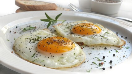 Two sunny side up eggs garnished with herbs and pepper