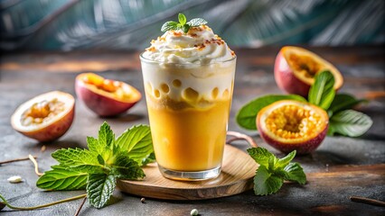 Tropical passion fruit smoothie topped with whipped cream and mint