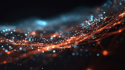 Dynamic abstract network of glowing particles and lines representing data flow and digital connections in a futuristic cyberspace.