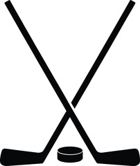 Vector illustration of crossed hockey sticks and puck, black silhouette sports icon, ice hockey equipment design, competition, game symbol, athletic sports graphic