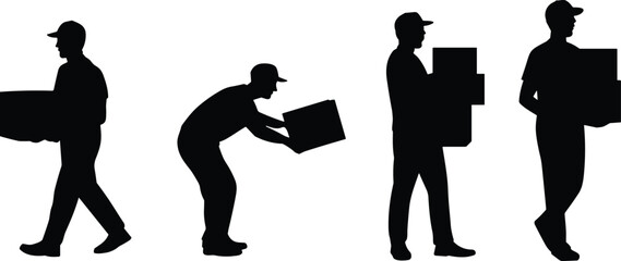 Vector illustration of delivery workers carrying boxes, courier service silhouettes, logistics staff in action, shipping employees, transportation concept design elements for business