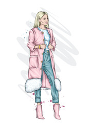 Beautiful girl in stylish clothes. Fashion and style. New Year and Christmas. Vector illustration.