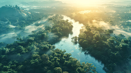 Aerial view of a serene river winding through lush green forests, illuminated by soft morning light, creating a tranquil natural landscape