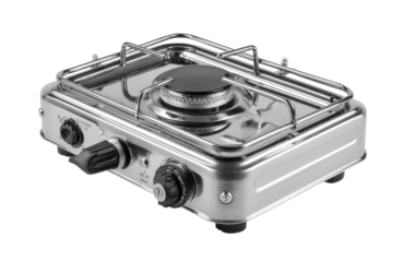 Portable stainless steel gas stove.  Compact, rectangular design with a single burner