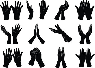 Vector illustration of different human hands in prayer, worship, meditation, and spiritual gesture poses, black silhouette design for religion, faith, mindfulness