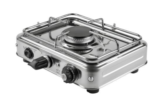 Portable stainless steel gas stove.  Compact, rectangular design with a single burner