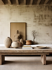 Decorative pottery and sculptures arranged on a rustic wooden table in a minimalist interior, showcasing natural textures and artistic design elements