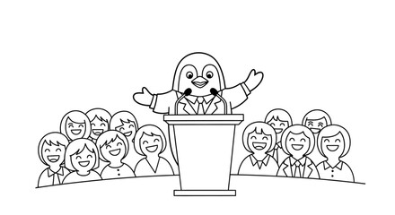 Cartoon Penguin Giving a Speech to an Audience