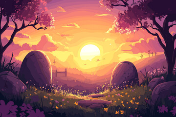 Beautiful sunset over valley with glowing golden horizon