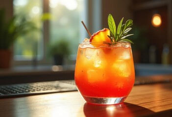 Vibrant Colorful Cocktail Garnished with Fresh Herbs Expertly Crafted in a Stylish Glass Perfect for Refreshing Summer Gatherings