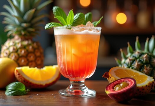 Vibrant Colorful Cocktail Garnished with Fresh Herbs Exotic Drink Refreshing Beverage Party Delight