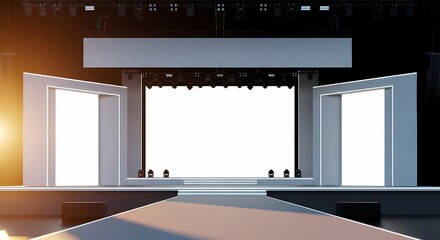 A modern, empty stage with a large central screen and two side screens, illuminated by stage lighting, ready for a performance or presentation.